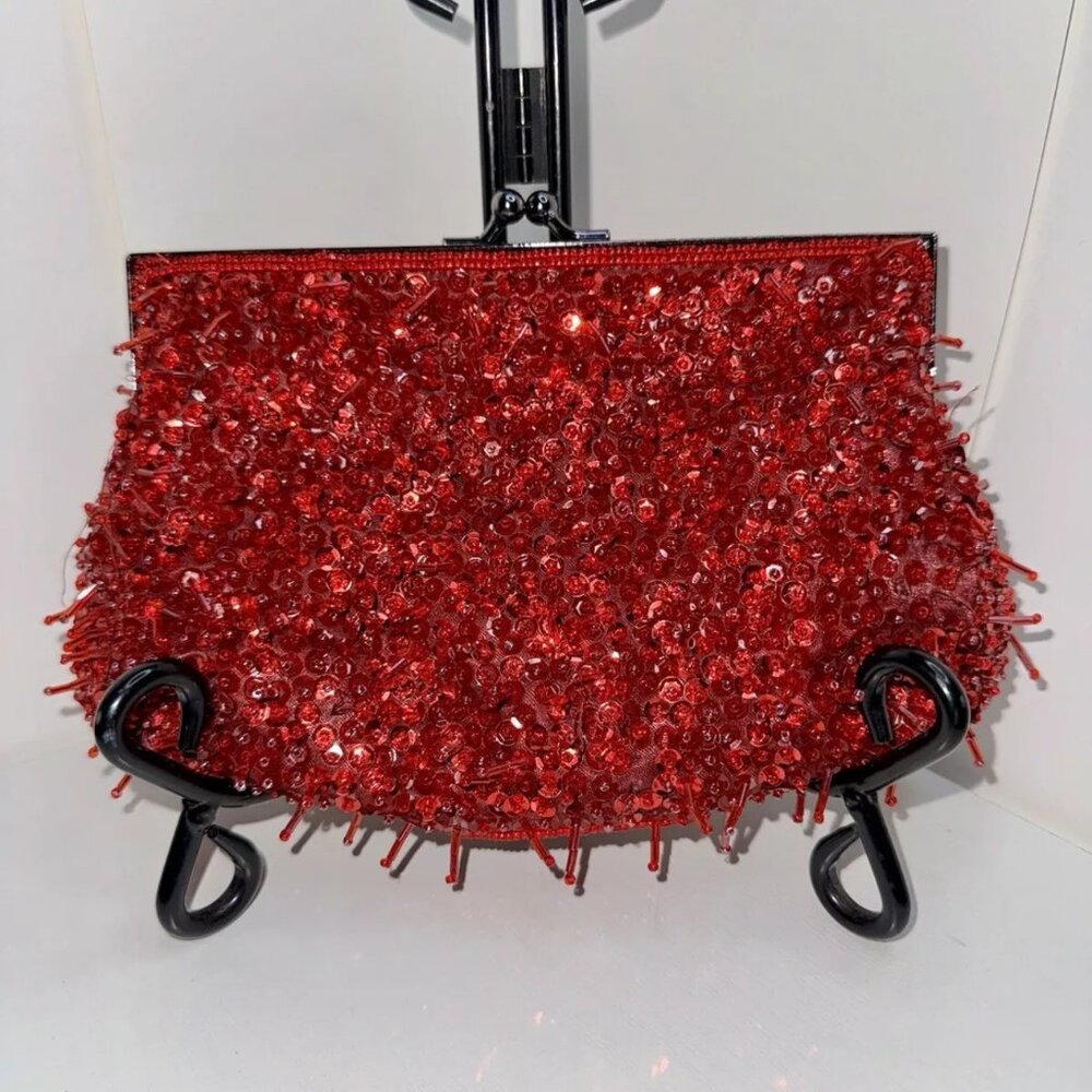 Vintage Lancome Beaded Clutch Purse with Braided Strap - Red